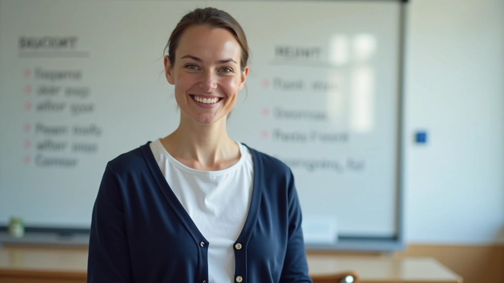 Insegnante di francese che spiega grammatica davanti a una lavagna con note scritte a mano