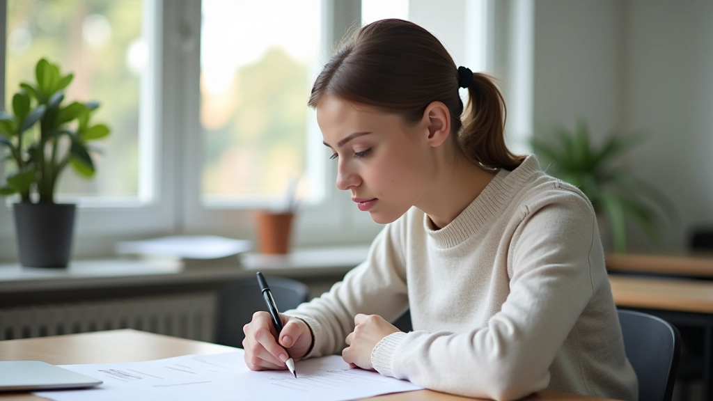 Candidato che sostiene l'esame DELF con fogli di prova su una scrivania bianca